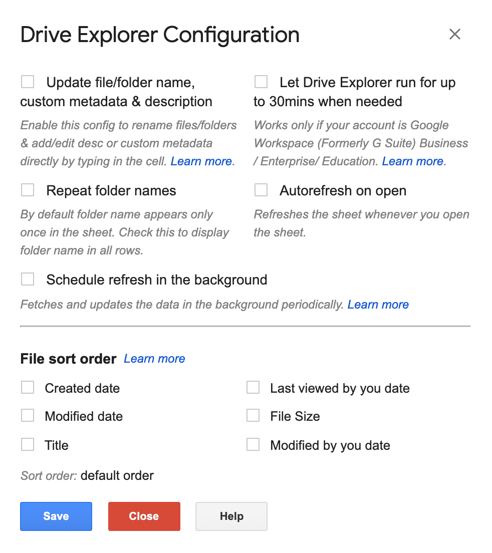 drive explorer configuration dialog
