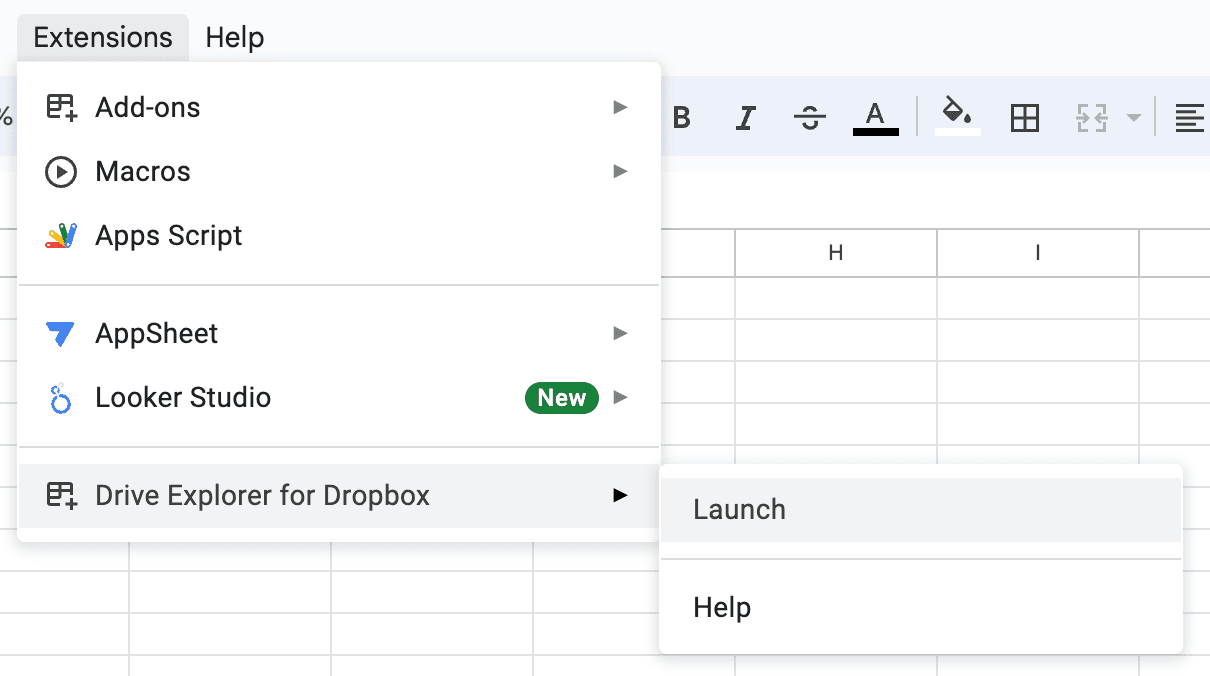 launching dropbox explorer in a google sheet