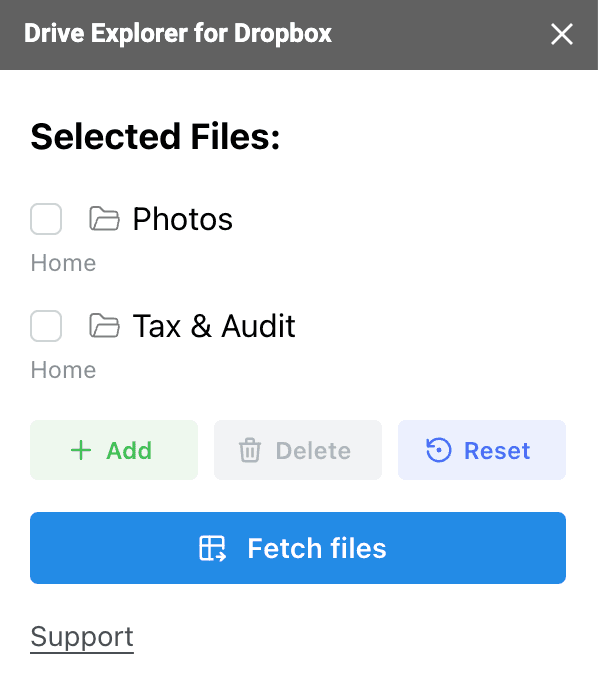 selected folder/file list drive explorer for dropbox