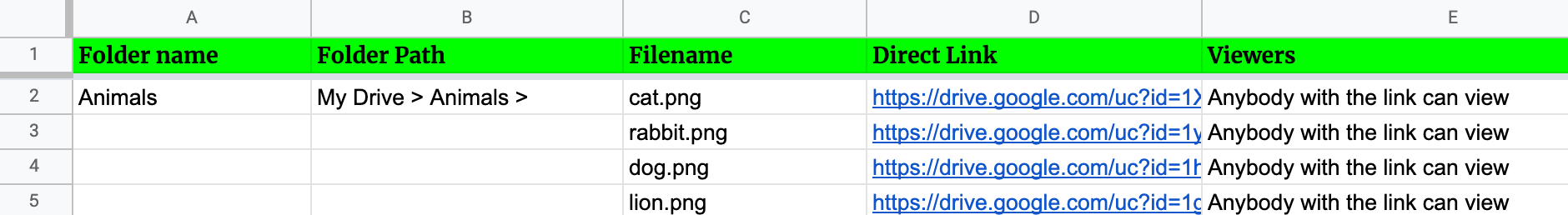 file details list in a google sheet