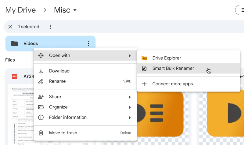 opening a folder with smart bulk renamer in google drive